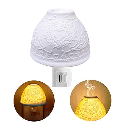 Night Lights Plug in, Kimfly Ceramic Art Night Light Wall Night Light with Essential Oil Aromatherapy Furnace and Incandescent Bulb, Suit for Bedroom, Living Room, Hallway (Heart 2(Gift-Set))