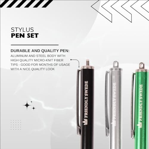 Stylus Pen Replaceable Micro-Knit Mesh Tip - Capacitive Touchscreen Stylus, Tablet Styli with Lanyards, Screen Cleaning Cloth Tips (3 Pack) (Silver + Black + Green)