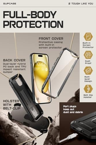 SUPCASE for iPhone 15 Case with Stand & Belt-Clip(Unicorn Beetle Pro), [Built-in Screen Protector] [Military-Grade Drop Protection] Heavy Duty Rugged Phone Case for iPhone 15 6.1 Inch 2023, Black