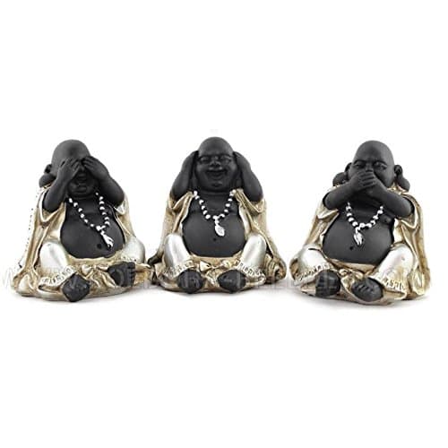 Buddha statue | Laughing Buddha Set See No Evil Hear No Evil Speak No Evil | Height 8 cm | Black and silver | Decorative items for home and garden |