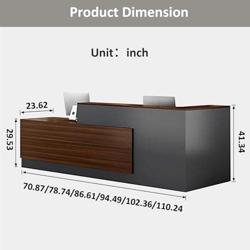 Modern L-Shaped Reception Desk with Hutch, Reception Counter Table, Lockable Drawer Door Cabinet, Office Wooden Computer Front Desk (Walnut+lron Gray-Right Cabinet, 71" L*24" W*41" H)