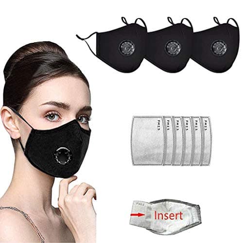 Adults Face Bandanas with Breathing valve + Activated Carbon Filter Replaceable, Haze Dust Face Health (3pcs + 6 Filter, Black)