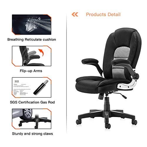 Kerms Ergonomic Adjustable Swivel Office Chair with Lumbar Support and Rollerblade Wheels-Mid Back with Breathable Mesh-Thick Seat Cushion-Flip Up Arms,Desk Chair Black