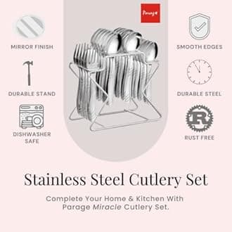 Parage Miracle Stainless Steel Cutlery Set of 25, Contains, Dinner Spoons Set of 6, Tea Spoon Set of 6, 6 Fork, 6 Soup Spoons, 1 Stylish Stand, Elegant Cutlery Set for Dining Table, Mirror Polished