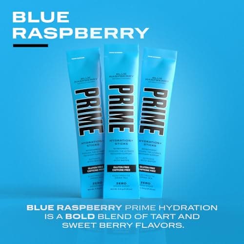 PRIME HYDRATION+ Sticks Blue Raspberry | Hydration Powder Single Serve Sticks | Electrolyte Powder On The Go | 250mg BCAAs, B Vitamins, Antioxidants | Low Sugar | Caffeine-Free | Vegan | 48 Sticks