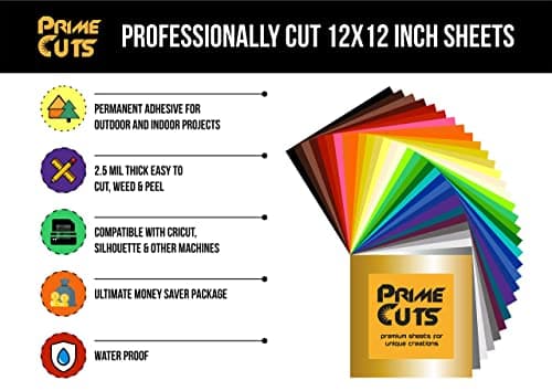 PrimeCuts USA - 65 Sheets - Permanent Adhesive Backed Vinyl Sheets 12" x 12" - 65 Assorted Color Sheets for Cricut, Silhouette Cameo, and Other Craft Cutters