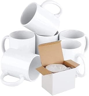 – 6 x Sublimation Mugs Blank 11oz White Sublimation Coffee Mugs Large Handle Sublimation Cups with Gift Boxes