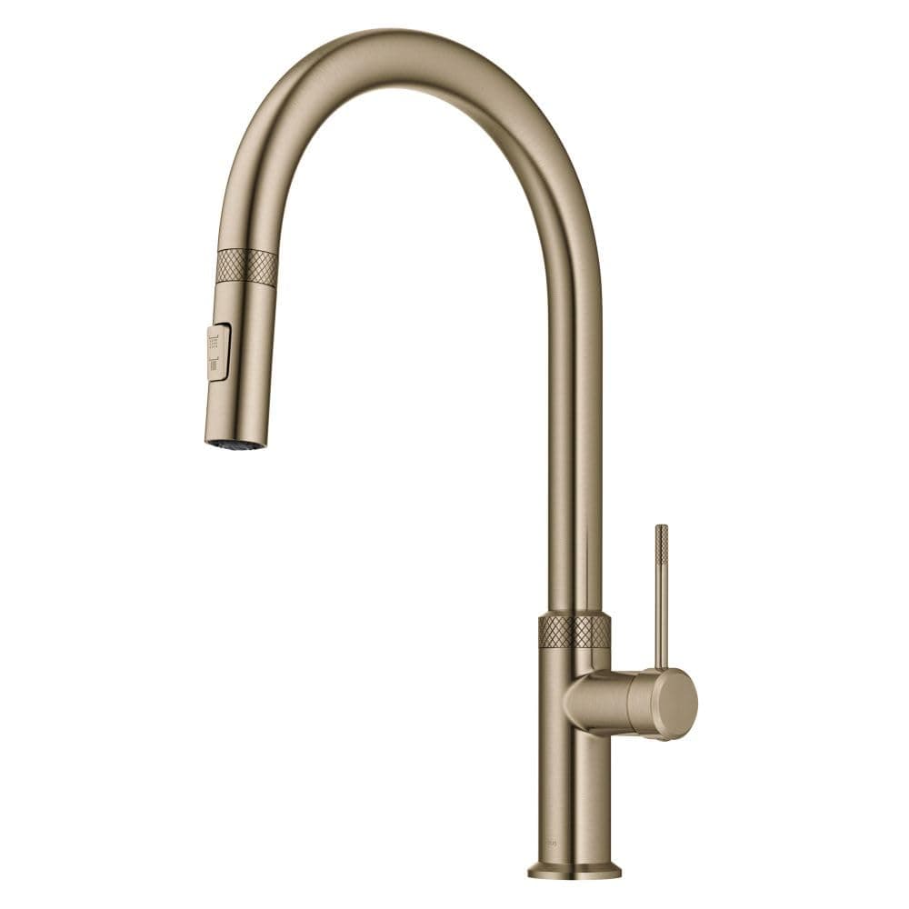 Oletto Modern Industrial Pull-Down Single Handle Kitchen Faucet in Brushed Gold, KPF-2654BG