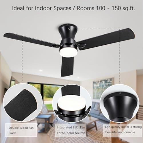 Ceiling Fans with Light, 52 inch Low Profile Ceiling Fan with Light and Remote Control, Flush Mount, Reversible, 3CCT, dimmable, noiseless, Black Ceiling Fan for Bedroom, Indoor/Outdoor use