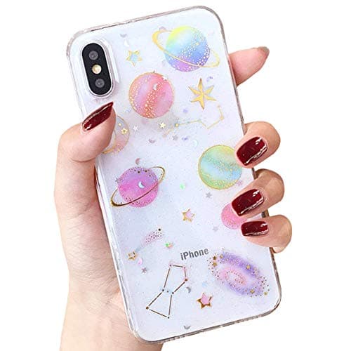 Clear Case for iPhone XR, Handmade Glitter Bling Sparkle Design with Gold Moon Stars Slim Soft TPU Case Compatible with iPhone XR 6.1 Inch