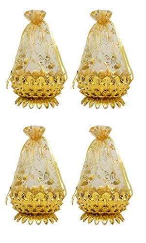 Decorative Net Potli Baskets for Wedding Gift Basket for Packing Shagun Potli Bags for Return Gifts Pack of 1 (Golden, Set of 4Pcs)