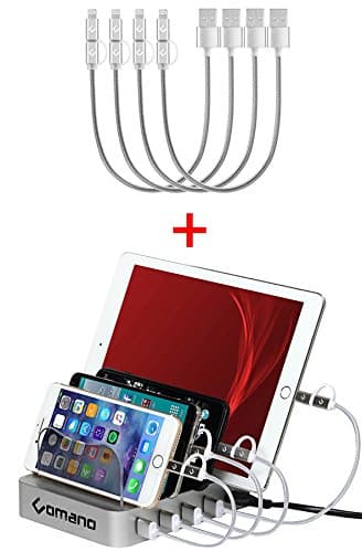 Charging Station with 4 FREE smart Multi-CORDS for Apple and Android FAST [34W] 4 port docking Stand Organizer for iPhone, mini iPad, Samsung Galaxy, and Other Charged Devices (SILVER)