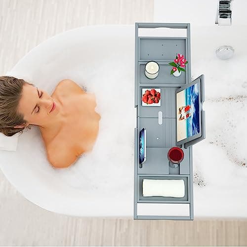 Premium Bamboo Bath Tray Caddy – Extendable Bath Caddy Tray, Wine Glass Holder, Device (Tablet, Kindle, iPad, Smart Phone) Tray for a Home-Spa Experience – Fits Most Bath Sizes