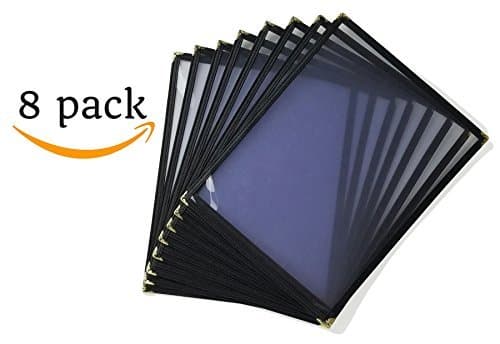 8 Pack Single Page Menu Cover | 8.5 x 11 inch Top Loading Holder | Double Stitch Vinyl Borders with Gold Corners | Restaurant, Catering, Wedding, Hotel, Banquet, Lunch Menu