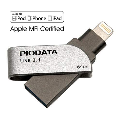 Piodata iXflash 64GB USB 3.0 Flash Drive Memory Stick Apple MFi Certified Lightning Connector for Apple iPhone & iPads iOS, External Expandable Memory Storage, Grey