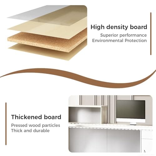 Modern L-Shaped Reception Desk with Hutch, Reception Counter Table, Lockable Drawer Door Cabinet, Office Wooden Computer Front Desk (Tung Color+White-Left Cabinet, 110L*24" W*41" H)