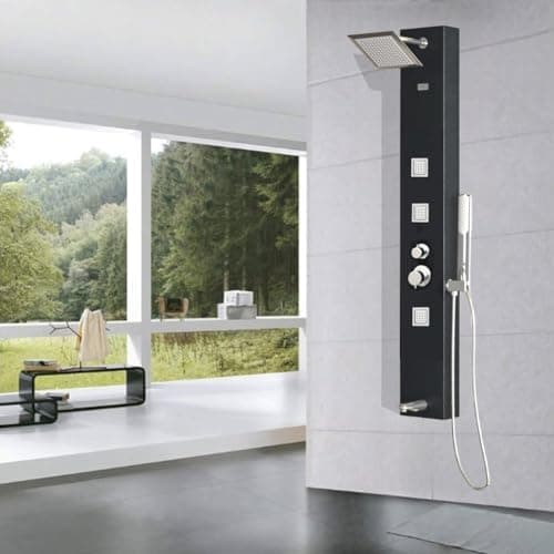 JAAZ Willet Black Shower Panel for Bathroom | Wall Mounted Multi-Function Shower Panel Tower with Rainfall Shower Head, Hand Shower & Body Jets | Matte Black Modern Bathroom Shower Set System