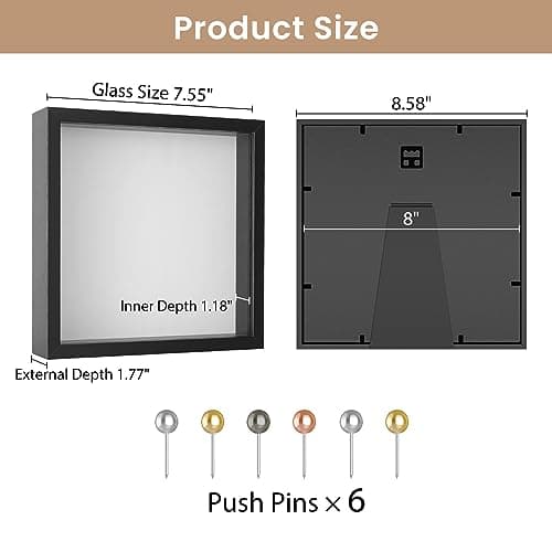 Califortree 8x8 Shadow Box Frame with Soft Linen Back - Push Pins Included, Memory Box Display Case for Flower, Tickets and 3D Items, Black