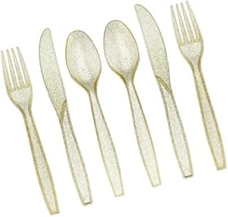 Prestee 180-Piece Gold Plastic Silverware Set - Durable Plasticware Includes 60 Forks, 60 Knives, 60 Spoons - Fancy, Disposable Plastic Utensils and Flatware for Weddings, Parties, and Holidays