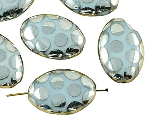 6pcs Large White Silver Dotted Czech Glass Flat Oval Beads 20mm x 14mm