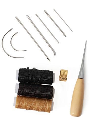 12 pcs Leather Craft Tool，Includes 5 root Leather Hand Sewing Needle，2 Curved Needle，3 Roll Leather Waxed Thread Cord（Black、Beige、Dark brown），1 Drilling awl and 1 Thimble，meet your leather repair need