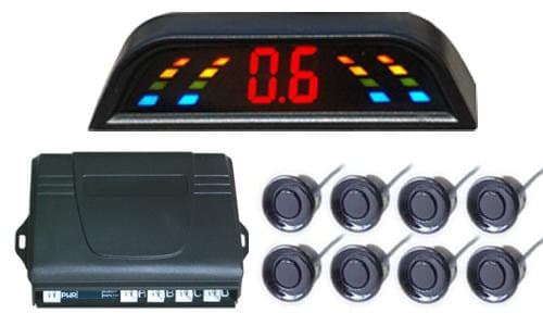 LED display,Roof mounted LED display;Parking sensor system with 8 sensors(front 4 rear 4),alarm distance from 0.3m to 1.8,Left and right obstacle indication,Car Reverse Backup Radar