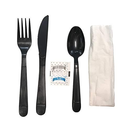 Faithful Supply 50 ct Black Plastic Silverware Individually Wrapped, Packaged Plastic Utensils Set Wrapped, Prewrapped Cutlery Set Disposable with Napkin, To Go Utensils, Perfect for Parties and Lunch