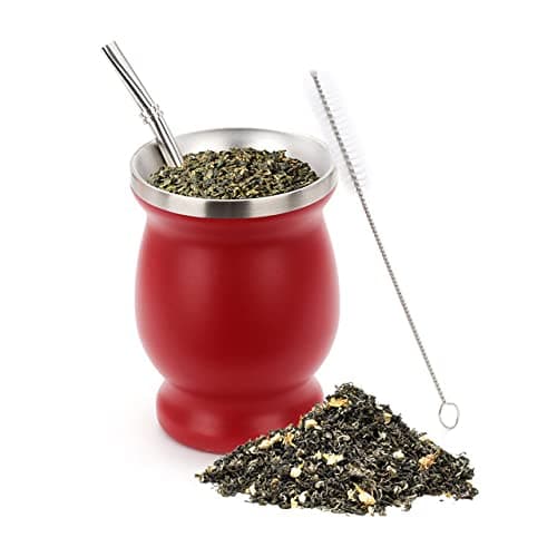 MayeBridgeYerba Mate Cup Yerba Mate Gourd Tea Set Mate Cup And Bombilla Set Insulating Cup Double Walled Tea Cup With Straw and Cleaning Brush (Red)