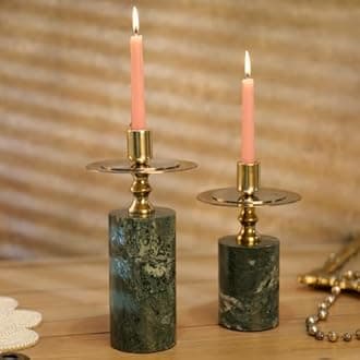 Marble Candle Stand, Set of 2, Taper Candle Holders for Home Decor, Dining Table Decor, Round Pillar Candlestick Holder, Green Decorative Candle Stands for Home Decor, Christmas Decor
