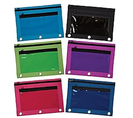 3-Ring Zippered Pencil Pouch Case with Clear Window - Varied Colors