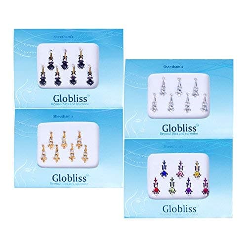 4 Packs with 28 Long Indian Bindis face Gems Forehead Sticker Silver Golden Black Colorful