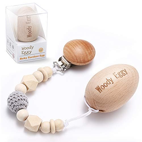 Nature Beech Wood Egg, Baby Teether, Rattle, Teething Toy with Hand Made Pacifier Holder Clip, BPA-Free, for Infant Boys and Girls