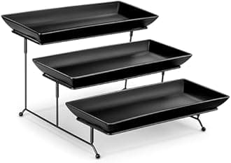 MALACASA 3 Tier Serving Platter, 14 Inch Porcelain Cake Stand with Black Mental Display Stand for Party Supplies, Ceramics Rectangular Serving Dishes for Dessert, Fruit, Cookies, Sushi, Black