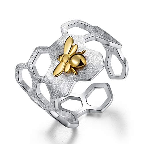 Springlight Sterling Silver Honeycomb Bee Rings - Thumb & Open Ring Set - Handmade Jewelry for Women, Mothers Day & Birthday Gifts