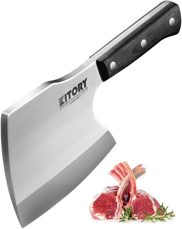Kitory Kitchen Knife For Big Bones, Beef Bones And Frozen Meat, Breaker, Super Massive Heavy Duty Meat Cleaver Axe Shape Full Tanf Butcher Knife, Black Wooden Handle