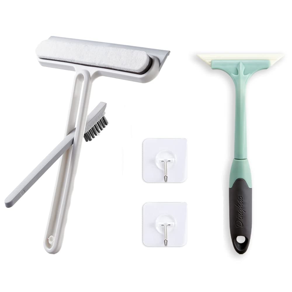All-Purpose Shower Squeegee for Glass Doors, Mirror, Car, Tile, Window Cleaning Kit with Hooks, Gap Brush, Sponge and Small Scraper, Silicone Bathroom Squeegee, 9in Shower Squeegee, Streak Free