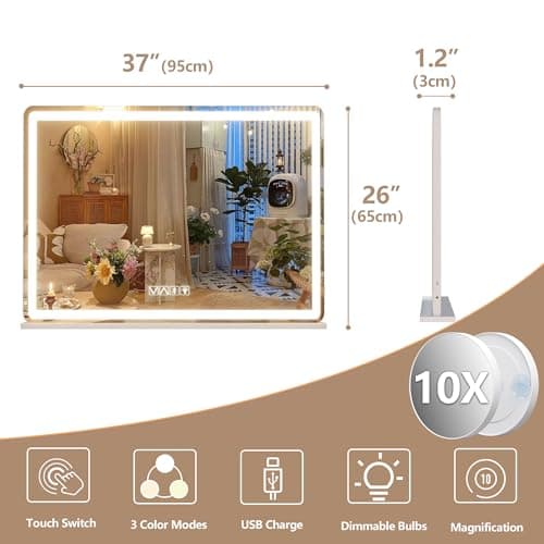Hasipu Vanity Mirror with Lights and Bluetooth Speaker, 37.4" x 25.6" LED Makeup Mirror, Lighted Makeup Mirror with Dimmable 3 Modes, Touch Screen Control Vanity Mirror Round White