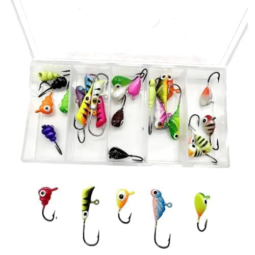 30 Piece Ice Fishing Jig Set with Glow Function 15-28mm Assorted Shapes and Colours for Catfish, Bass, Finners, Bluegill, Panfish - for Mini Micro Hooks