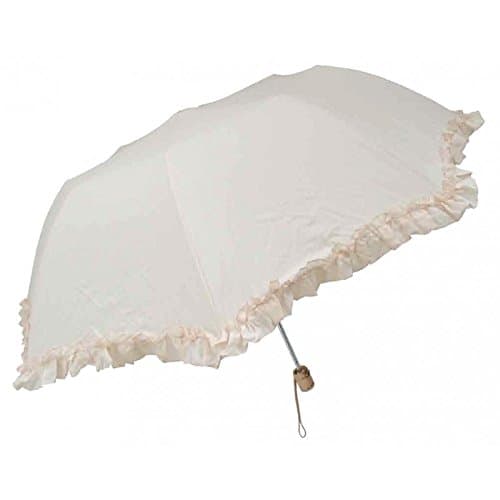 Ivory Ruffled Folding Parasol With Wood Handle - Ivory