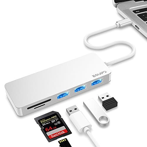 USB C Hub, EQUIPD 5 IN 1 Aluminum Type C Adapter with 3 USB 3.0 Ports SD/SDHC/microSD Card Reader for New Macbook/Pro 13” 15 2015/2016/2017/Google Chromebook and more Type C Devices – Silver