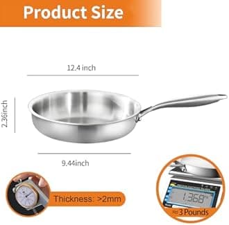 DELARLO Tri-Ply Stainless Steel Frying Pan, All Cooktops Compatible Up to 600℉, Oven Safe Induction Skillet, 12.5 inch Non toxic Cooking Surface, Fast & Even Heat, Durable Cookware