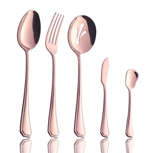 Onlycooker Serving Set 5-Piece Hostess Set, Rose Gold Serving Utensils 18/0 Stainless Steel Flatware Serving Pieces Silverware Extra Large Serving Fork Slotted Spoon Butter Knife Sugar Spoon Sets