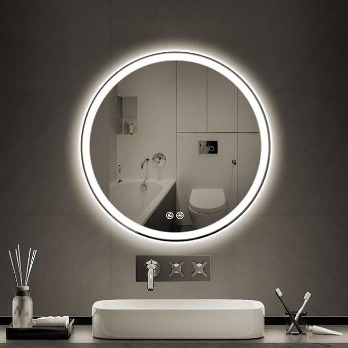 VENETIAN IMAGE Modern Bathroom LED Lighted Round Mirror | Dimmable 3 Color Lights | Anti-Fog | Home Decor, Makeup, Vanity (Modern, 80CM Round)