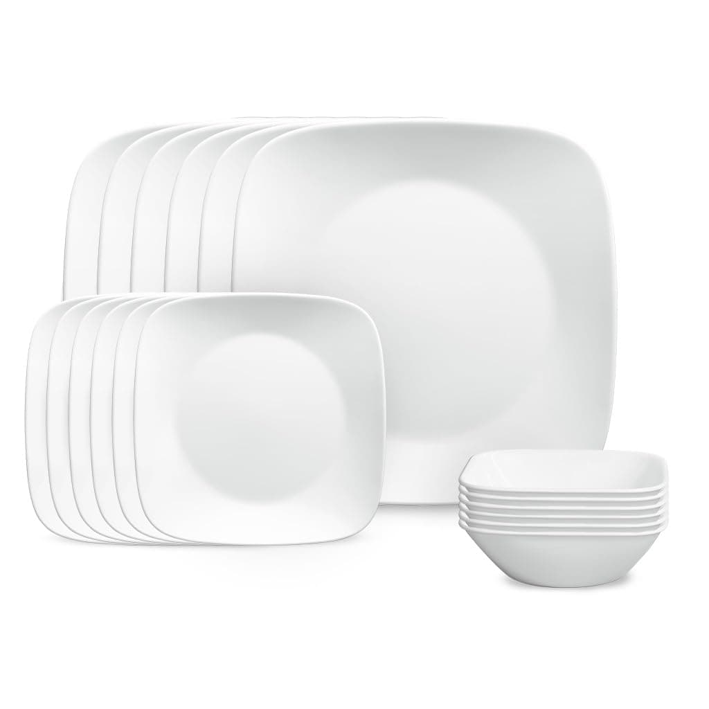 Vitrelle 18-Piece Service for 6 Square Dinnerware Set Triple Layer Glass and Chip Resistant, Lightweight Square Plates and Bowls Set, Pure White