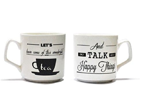EK DO DHAI 'Handmade Tea Talk Cups' with Handle, Unique Printed Design, Fine Bone China Work, Perfect Travel Mugs, Daily Usable, Microwave Safe, Home Decor Showpiece & Gifting, 2 Sets - 180 ml