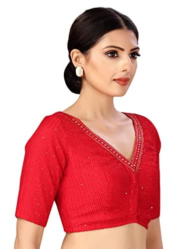 Studio Shringaar Women's Readymade Polyester Elbow Length Sleeves Saree Blouse with Mirror Work