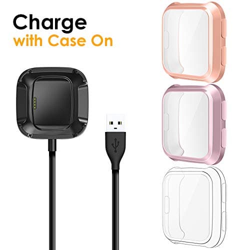 EZCO [3+1 Pack] Screen Protector Plus Charger Compitible with Fitbit Versa, Exclusive Charging Dock Cable (Can Charge Case On) Soft TPU Full Coverage Case Cover Bumper for Versa (Not for Versa 2)