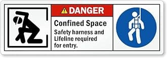 Danger Confined space safety harness and lifeline - required for entry signage board, PVC Waterproof sticker fixed on Foam board with double side tape