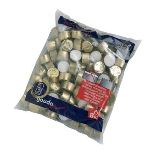 100 Bolsius Long Burn 8 Hour Tea Lights, Gold Cup