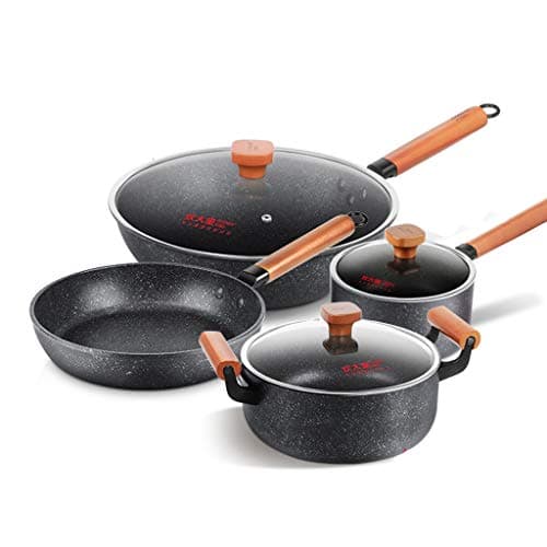 DLT 4-Piece Marble Stone Coating Nonstick Wok Cookware Set, Soup Pot Frying Pan with Wooden Handles, Kitchenware Set, Pots and Pans Set, Red